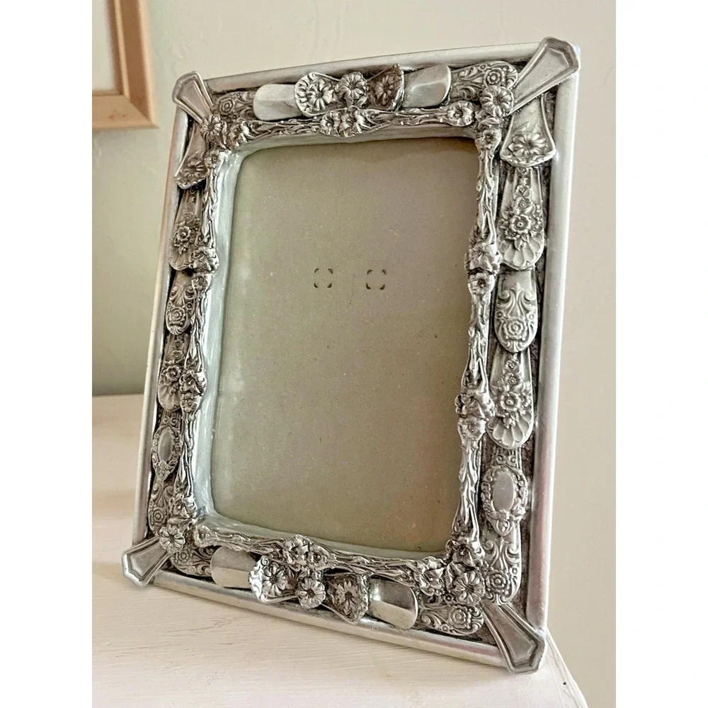 Vintage Ornate Picture Photo Frame Silver Metal Flatware Spoon Ends Handles 5x7